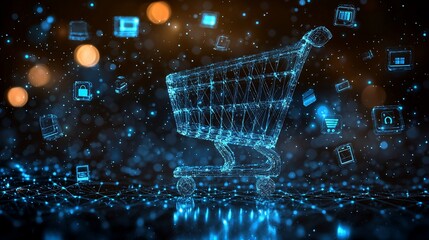 Futuristic shopping cart digital illustration.  Abstract wireframe trolley with technology icons