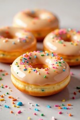 Golden-glazed donuts, rainbow sprinkles, light background, macro, treat