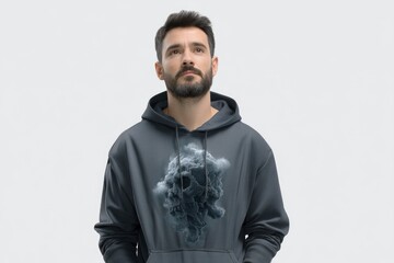 Obraz premium Man in Grey Hoodie with Skull Cloud Graphic
