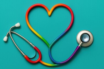 Colorful Stethoscope Forming a Heart Shape on a Turquoise Background Showcasing Care and Compassion in Healthcare