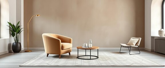 Beige velvet barrel chair in minimalist modern living room, Venetian plaster wall backdrop,  muted tones,  furniture
