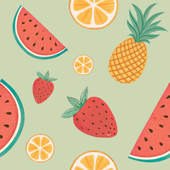 Tropical Fruit Fiesta: Vibrant Seamless Pattern of Watermelon, Pineapple, Orange, and Strawberry.