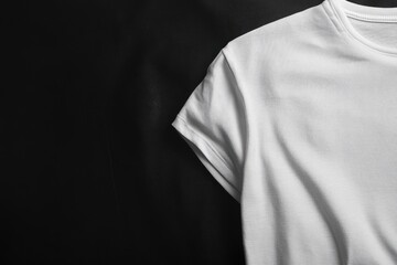 Close-up of a white t-shirt on a dark background  Creased fabric, simple design, and short sleeves are visible