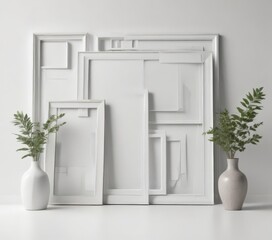Stylish photo frame arrangement on white background  Diverse shapes and sizes ,  white background,  photo display