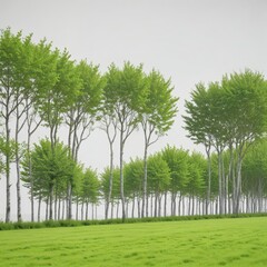 Vibrant green trees forming a straight line, stark white backdrop ,  peaceful,  forest,  photo