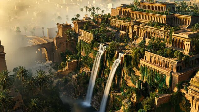 Fantasy installation of the Hanging Gardens of Semiramis with monumental Babylonian terraces, cascading waterfalls, lush vegetation and arched structures. 4K video