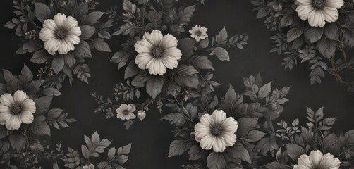 Elegant charcoal floral wallpaper  Small scale blooms and leafy accents create a refined vintage aesthetic , pattern, retro