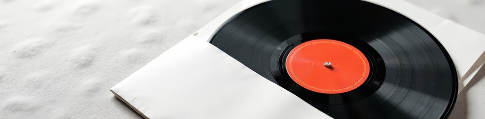 Close-up of vinyl record in plain white sleeve on textured background, vintage, music