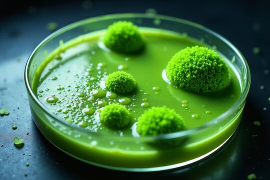 Close-up shot of petri dish with vibrant green trichoderma mold culture, research, growth, fungus