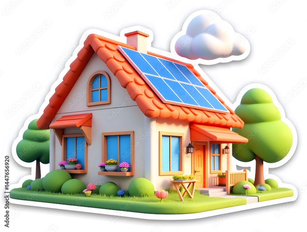 Poster 太陽光発電パネルを備えた可愛らしい3dイラスト住宅 オレンジ色の屋根と緑の庭 白い背景に分離
