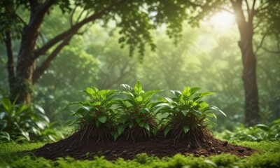 Coffee plantlets thrive amidst lush foliage, delicate new growth against vibrant green backdrop ,  background,  rainforest