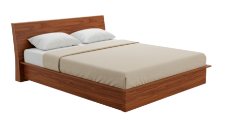 Isolated Wooden Bed with Pillows