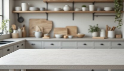 Fototapeta premium Flat matte pale grey table in focus with blur of Scandinavian pantry. Light wood, clean shelves, and subtle natural lighting create a calm and modern look.