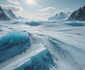 Frozen ocean waves, glacier blue ice, frosted textures,  peaceful,  glacial ice