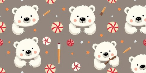Adorable polar bear and baseball themed seamless vector pattern, perfect for wrapping paper or textile prints,  backdrop,  repeat