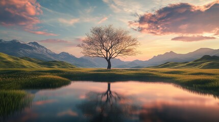Lone tree stands on the bank of a calm lake reflecting the colorful sunset sky and surrounding mountains, creating a tranquil and picturesque scene