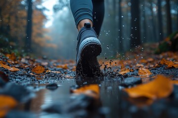 Close-up of an athlete's muddy shoe splashing through a puddle on a trail in an autumn forest, demonstrating resilience and determination during a challenging run