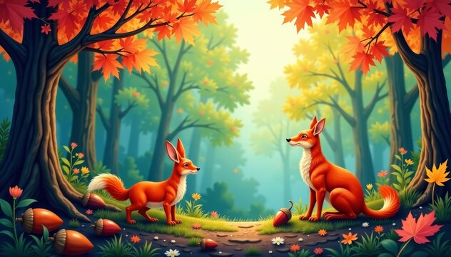 Fototapeta Colorful fall forest creatures and acorns design, forest, Fall, cute