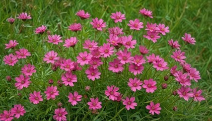 Fototapeta premium Cluster of pink wildflowers blooming in green grass, floral, closeup, pretty