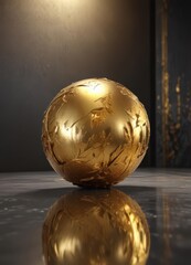 Gold leaf wrapped sphere, reflective light, modern setting,  yellow,  texture