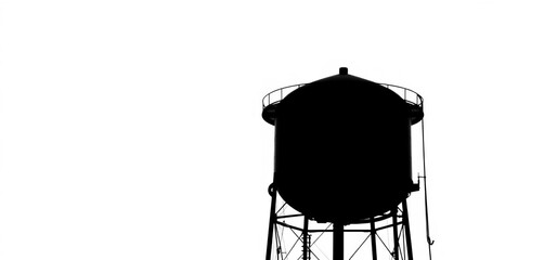 Black silhouette of a metal water tower with an oval tank, set against a white background,  industrial,  reservoir