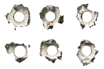 Set of metal bullet holes displayed in transparent PNG image format with clean white background