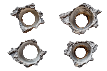 Various metal bullet holes collection set shown in transparent PNG image isolated on plain white background