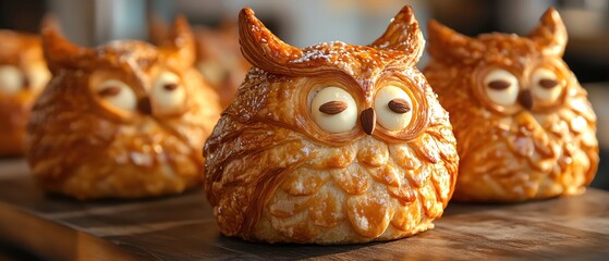 Owlshaped croissant with puffed chest and almond eyes