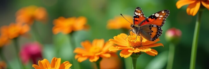 Colorful vanessa cardui feeding on blooming flower in garden, close-up, botanical