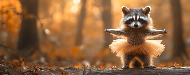Raccoon in sparkly tutu twirling on forest log