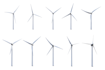 Wind turbines collection set illustrated in transparent PNG image clearly isolated on a white background