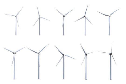 Wind turbines collection set illustrated in transparent PNG image clearly isolated on a white background