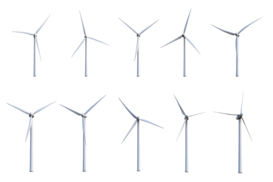 Wind turbines collection set illustrated in transparent PNG image clearly isolated on a white background