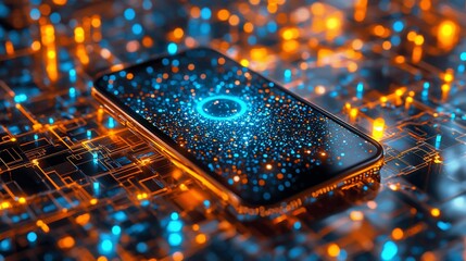 Futuristic smartphone on a circuit board, data network technology
