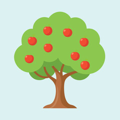 Cartoon apple tree with many red ripe apples on light blue background