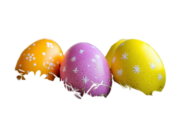 Colorful Easter eggs surrounded by flowers displayed in transparent PNG image isolated on a white background