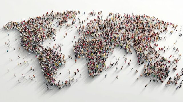 Large diverse crowd forms shape of world map symbolizing global unity in motion design video