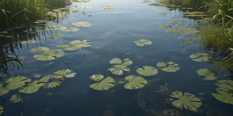 Intricate aquatic plant footprints etched in a tranquil pool's surface, reflecting sky ,  plants,  surface