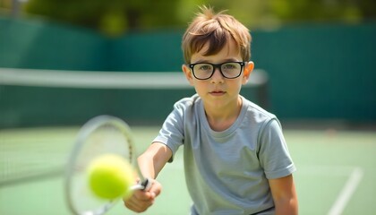 Young Boy in Glasses Holding Tennis Racket