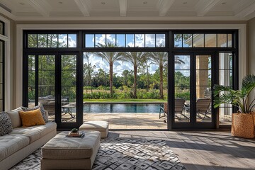 Obraz premium Elegant living room with large multi-paned sliding glass door, black frames, overlooking palm trees and a swimming pool with daytime views.