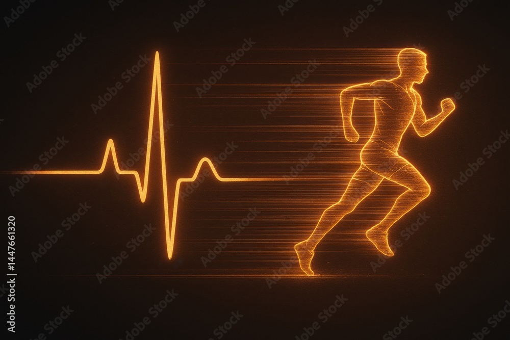 Poster dynamic silhouette of a runner with a glowing heartbeat line in a modern design, symbolizing health 