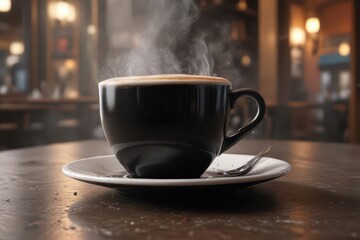 Fototapeta premium Porcelain cup of dark roast releasing vapor on a cafe surface, roast, caffeine, dark