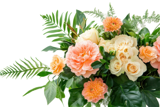 Vibrant floral arrangement with peach blooms on a white background for elegant decoration ideas