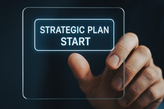 A closeup a hand pressing a virtual button symbolizes the start a strategic plan highlighting business decision-making and growth