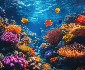 Obraz premium Vibrant underwater coral reef scene with exotic fish, clean water, and thriving marine life, symbolizing the beauty of protected nature, high detail.