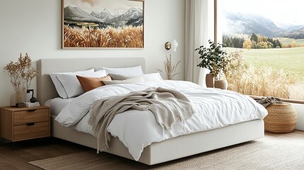 Cozy modern bedroom with landscape view