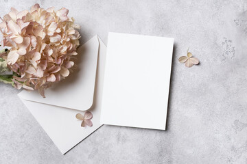 Wedding invitation or greeting card mockup with white envelope and dried hydrangea flowers decor, copy space for card design on grey concrete background