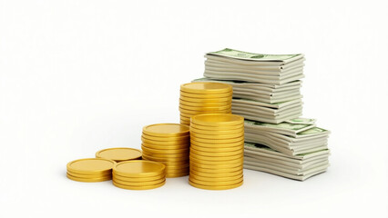 3D Render of Gold Coins and Cash Bundles on Transparent Background – Finance & Investment Concept
