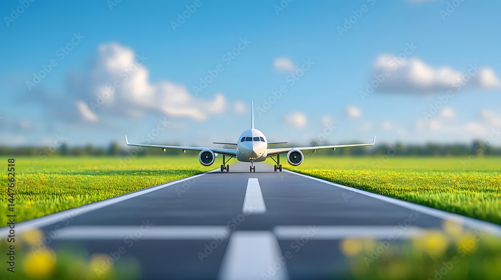 Aufkleber 航空機の正面ビュー 青い空の下の滑走路に位置し 鮮やかな緑色の草地と明るい雲が背景に広がる
