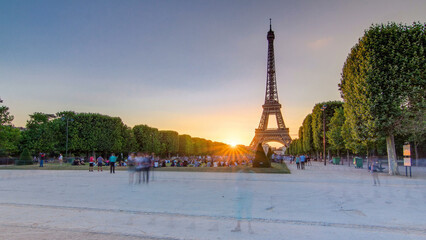 Eiffel Tower seen from Champ de Mars at sunset timelapse, Paris, France